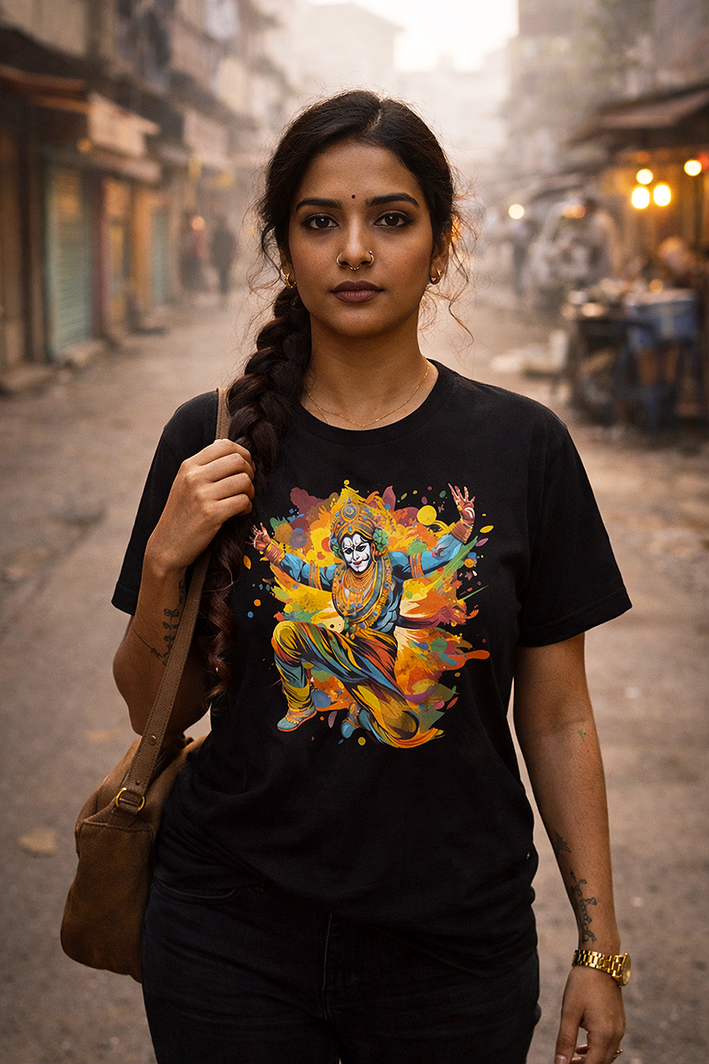 Kathakali dancer Indian classical dance art graphic tee worn by South Asian female model with braid and bindi on Indian street market at dusk black t-shirt