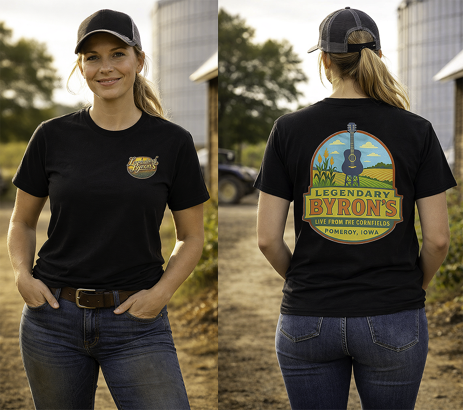 Legendary Byron's Bar Pomeroy Iowa Live from the Cornfields two-sided graphic tee worn by female model at Iowa farm with grain silos black t-shirt front back