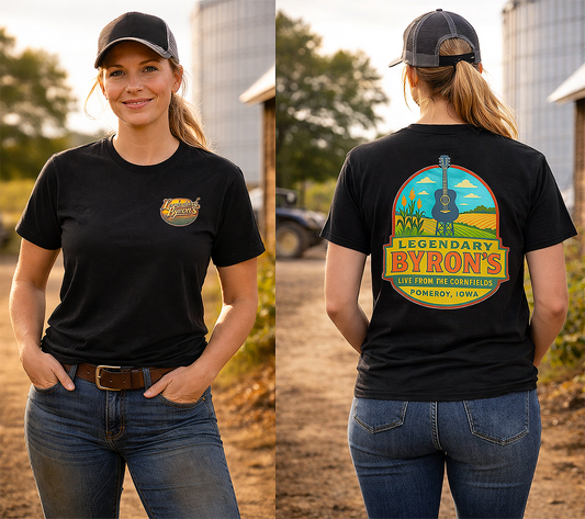 Legendary Byron's Bar Pomeroy Iowa Live from the Cornfields two-sided graphic tee worn by female model at Iowa farm with grain silos black t-shirt front back