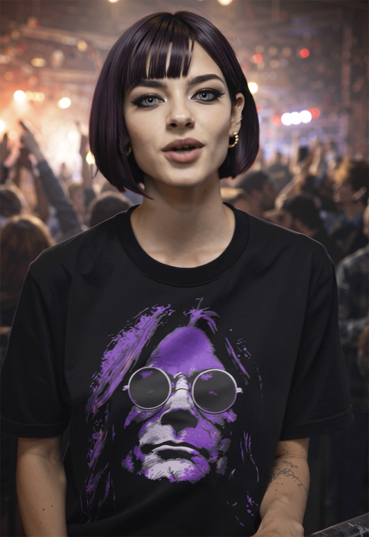 Ozzy Osbourne rock legend tribute portrait tee worn by model at concert black t-shirt