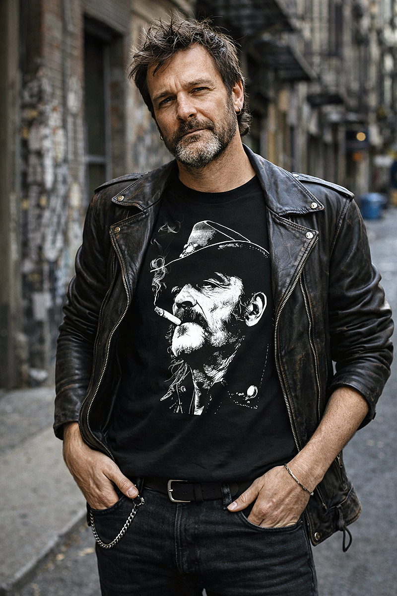 Lemmy Kilmister Rock Outlaw Motörhead portrait tee worn by male model in leather jacket wallet chain gritty New York alley black t-shirt