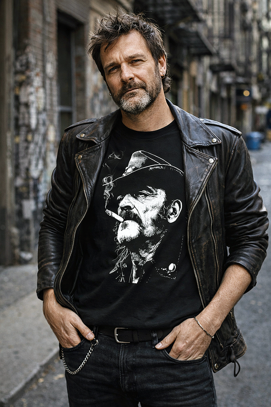 Lemmy Kilmister Rock Outlaw Motörhead portrait tee worn by male model in leather jacket wallet chain gritty New York alley black t-shirt