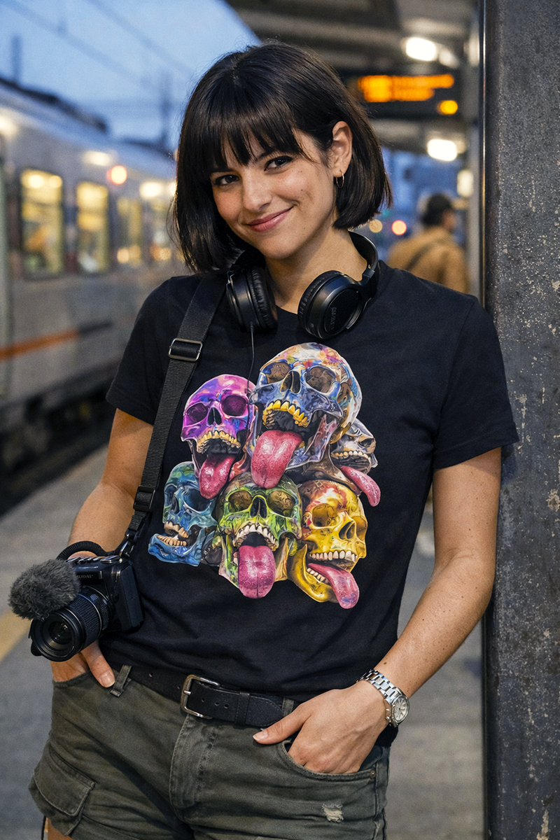 Lick the Afterlife psychedelic skull stack graphic tee worn by female model with headphones and camera at train platform night black t-shirt