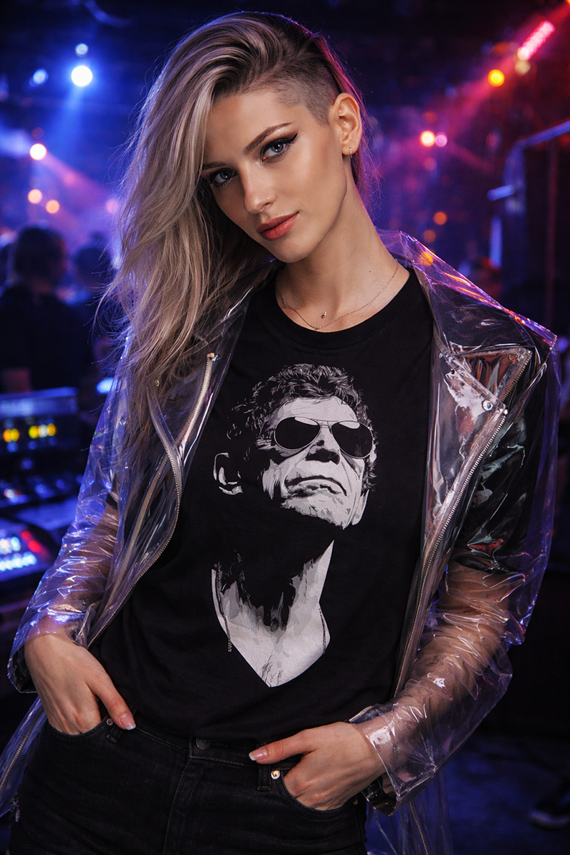Lou Reed Downtown Cool rock legend portrait tee worn by female model in PVC jacket nightclub stage lighting black t-shirt