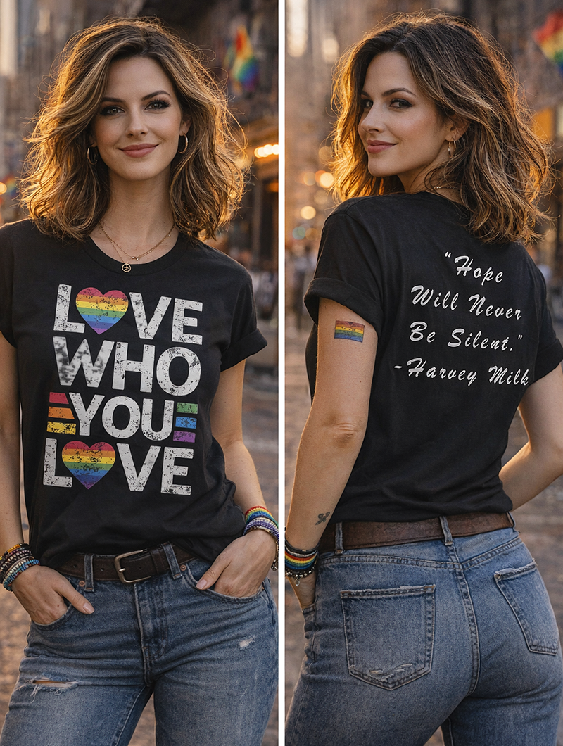 Love Who You Love LGBT Pride two-sided graphic tee worn by female model at Pride street setting rainbow Harvey milk quote black t-shirt front