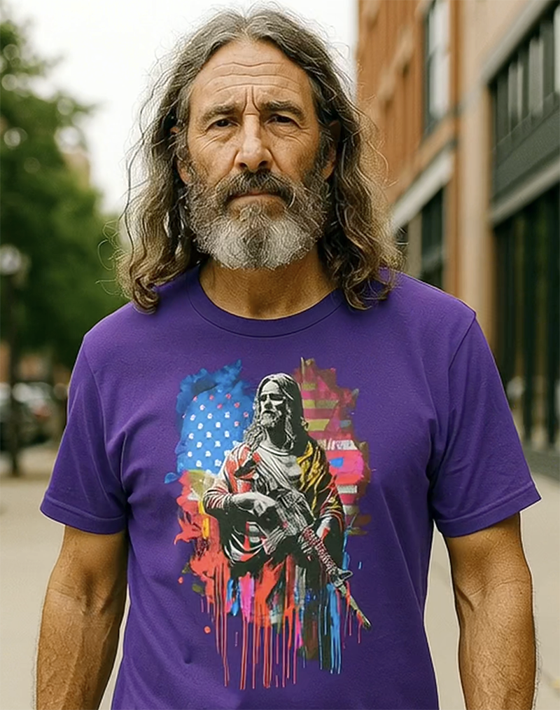 Messiah with a Magazine Jesus rifle American flag graffiti art tee worn by older male model with long hair urban street purple t-shirt