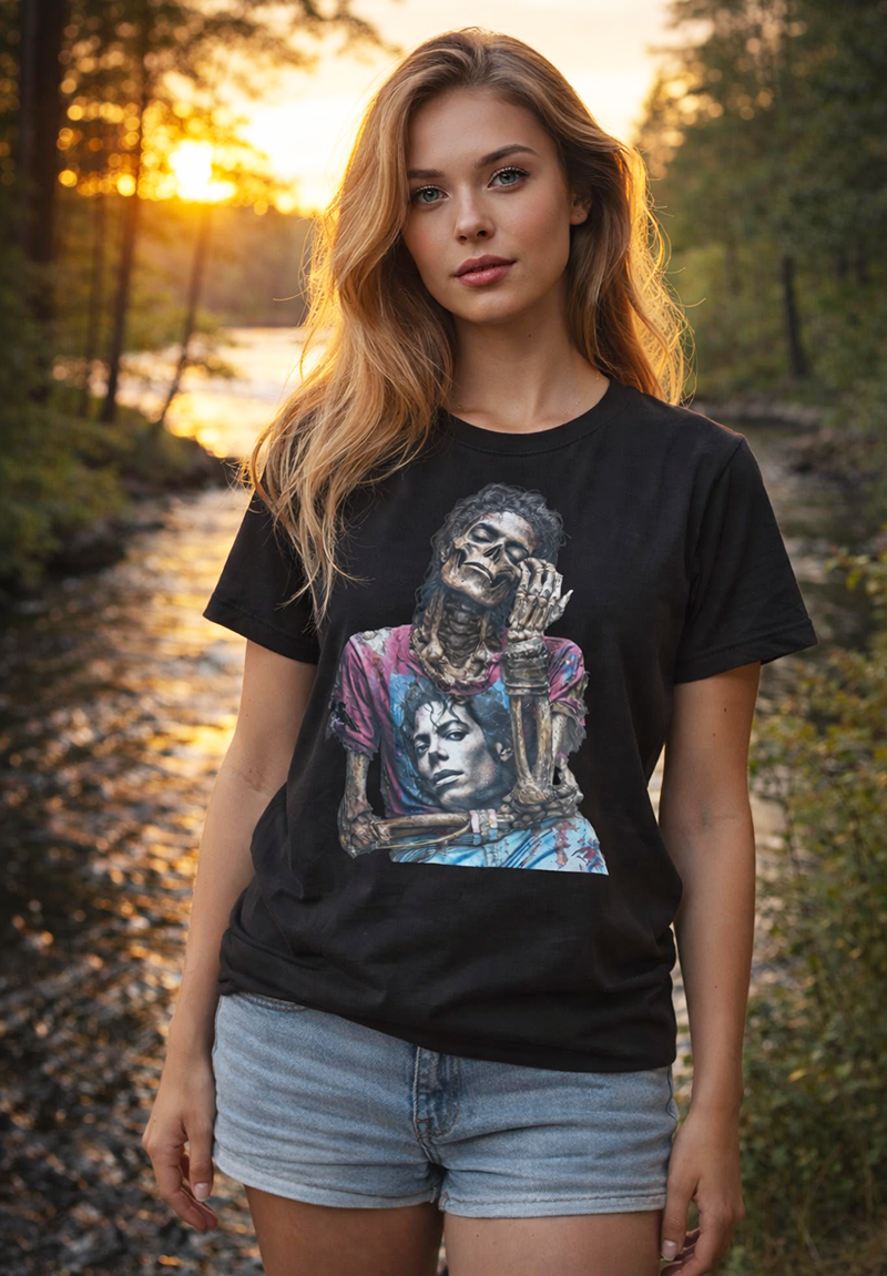 Michael Jackson Midnight Heir dark art skeleton graphic tee worn by female model on forest river path golden hour sunset black t-shirt