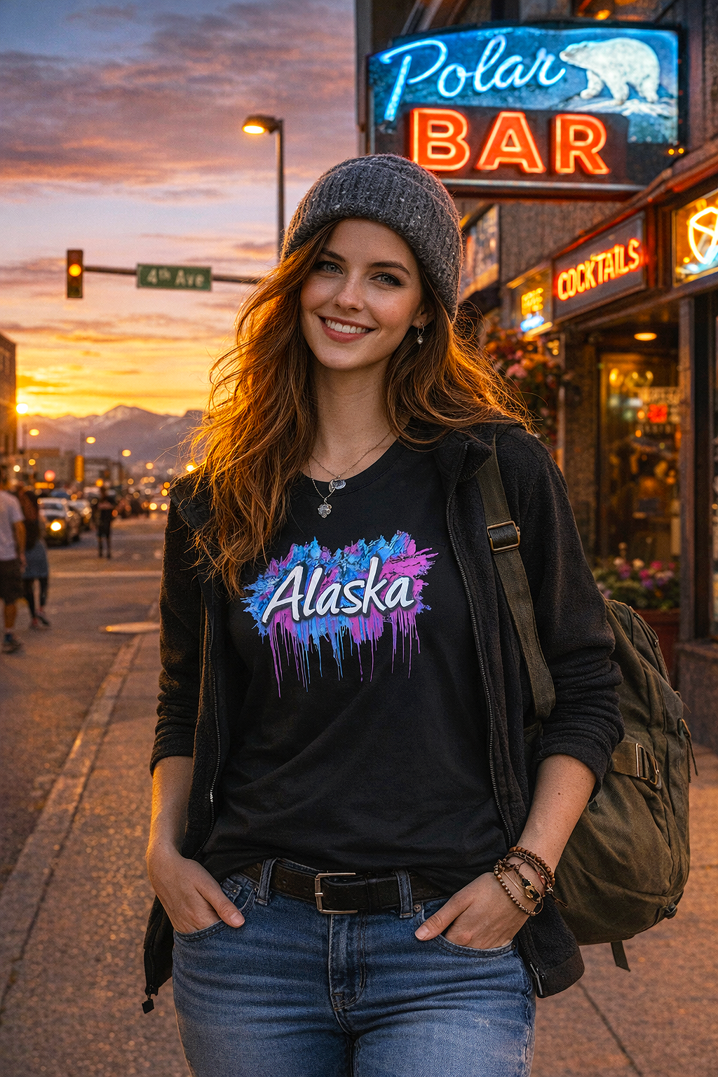 Neon Alaska northern lights graffiti art tee worn by female model in beanie with backpack in front of Polar Bar neon sign on 4th Avenue Anchorage at sunset black t-shirt