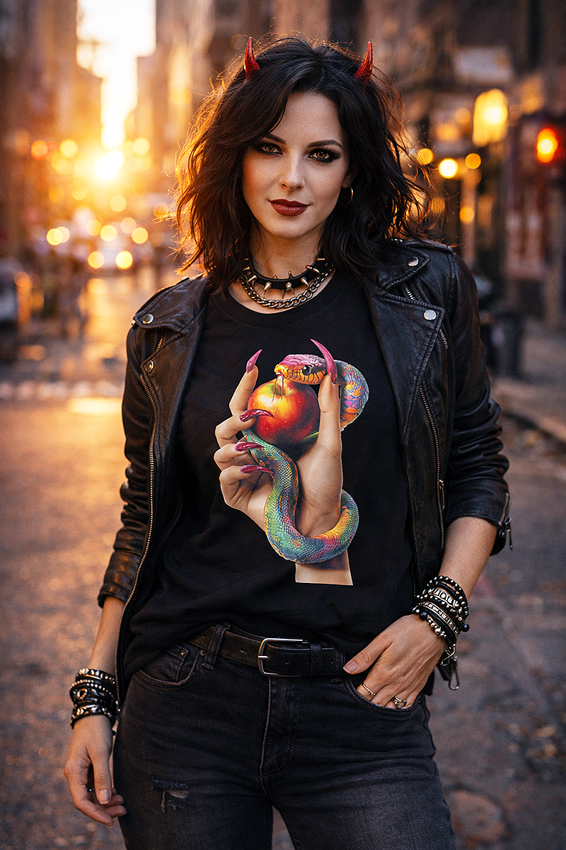 Original Sin snake apple temptation art graphic tee worn by dark-haired female model with red devil horns spiked choker leather jacket on city street golden hour black t-shirt