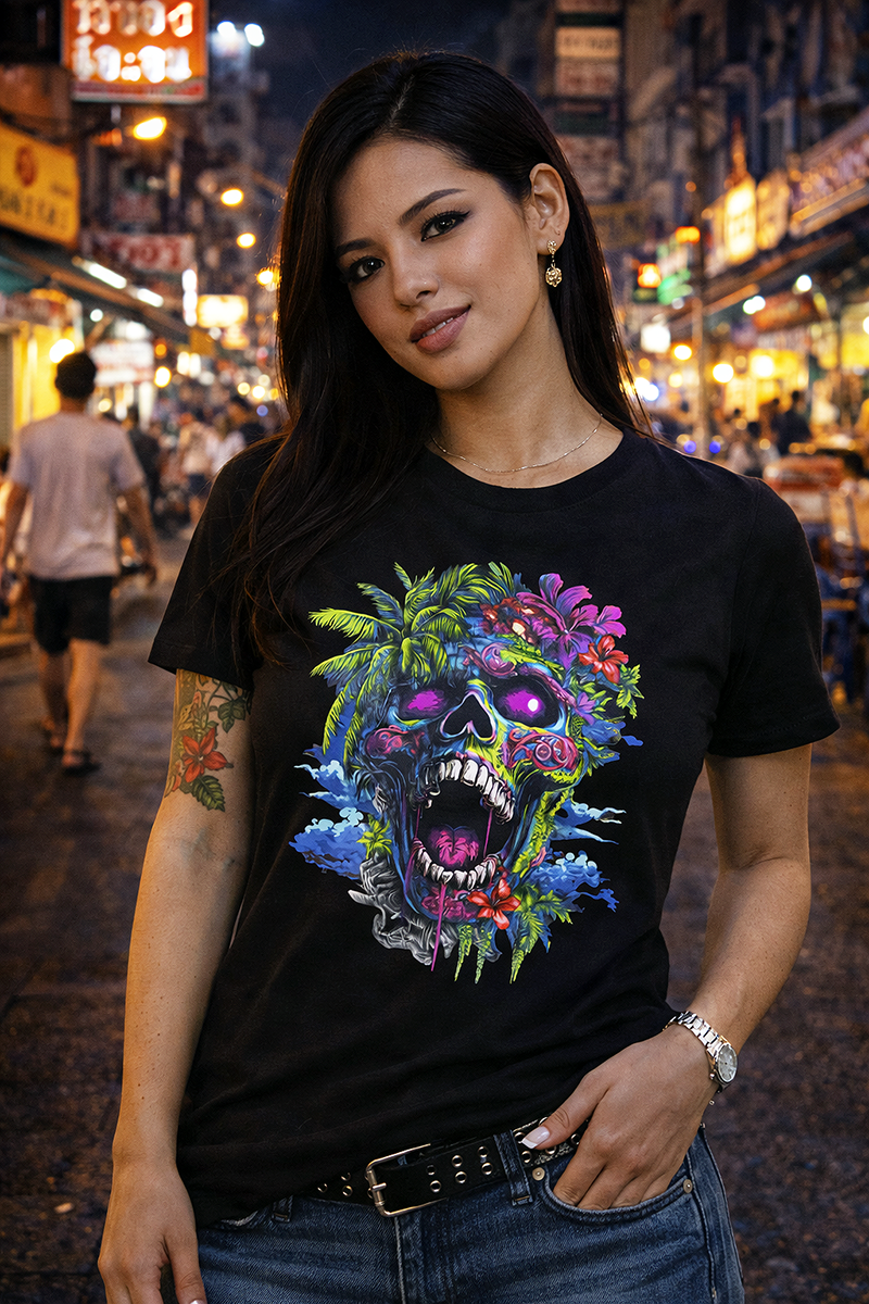 Paradise in Decay tropical skull hibiscus graphic tee worn by female model with floral tattoo sleeve on Bangkok night market street black t-shirt