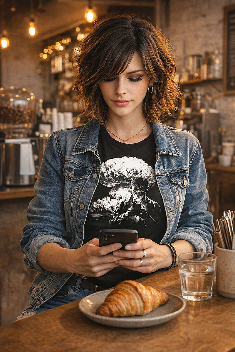 Photo Bombing nuclear mushroom cloud phone graphic tee worn by female model on her phone at coffee shop with croissant black t-shirt