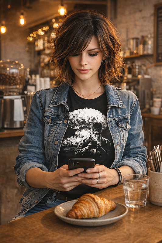 Photo Bombing nuclear mushroom cloud phone graphic tee worn by female model on her phone at coffee shop with croissant black t-shirt