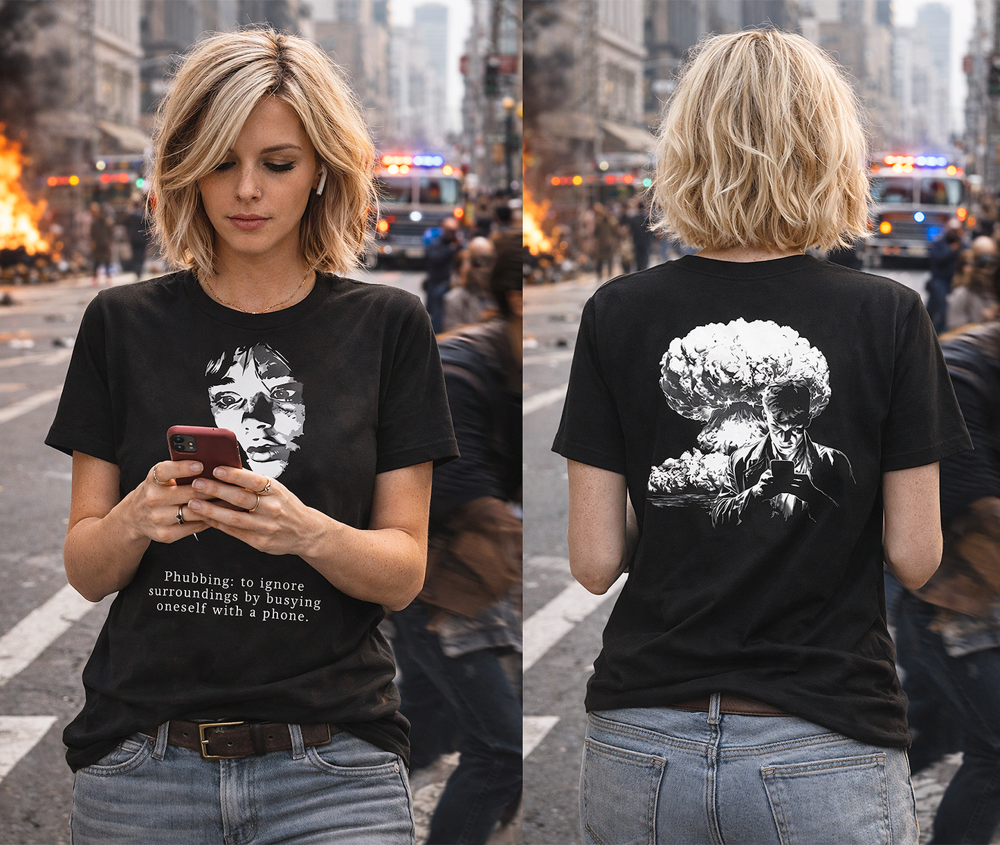 Phubbing phone addiction two-sided graphic tee worn by female model on chaotic city street with fires and police lights staring at phone black t-shirt front back