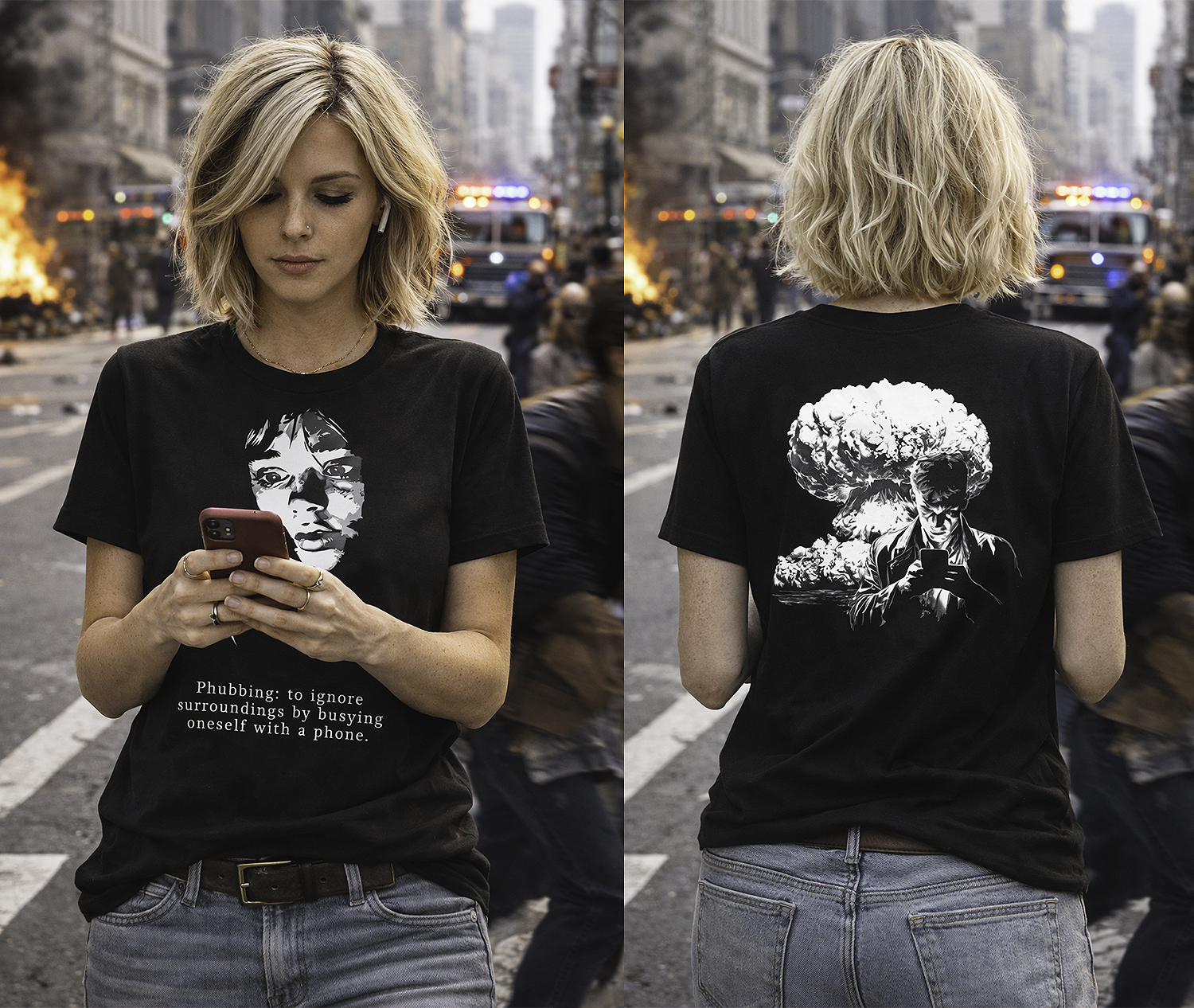 Phubbing phone addiction two-sided graphic tee worn by female model on chaotic city street with fires and police lights staring at phone black t-shirt front back