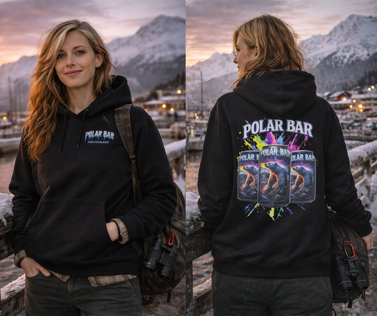 Polar Bar Anchorage oversized heavyweight hoodie black — icy blue chest logo front, neon polar bear splash can design back