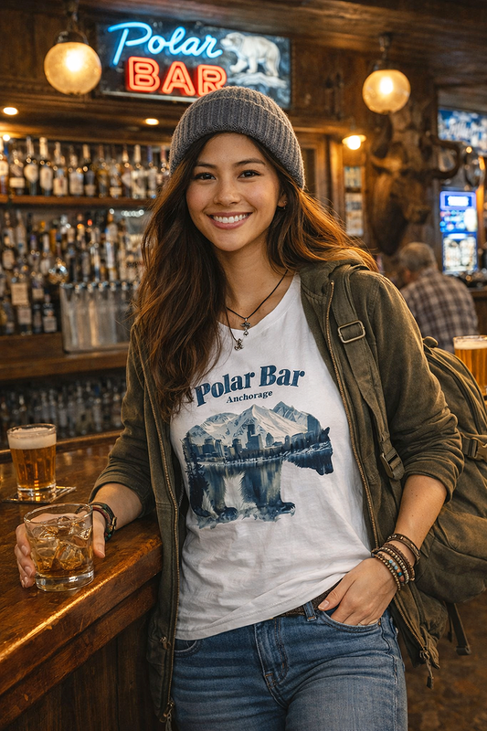 Polar Bar Anchorage polar bear skyline double exposure graphic tee worn by female model with beanie holding whiskey at Polar Bar neon sign interior white t-shirt