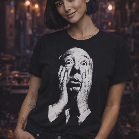 Alfred Hitchcock portrait tee worn by model black graphic t-shirt