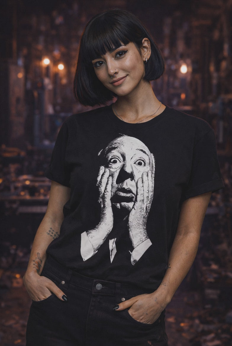 Alfred Hitchcock portrait tee worn by model black graphic t-shirt