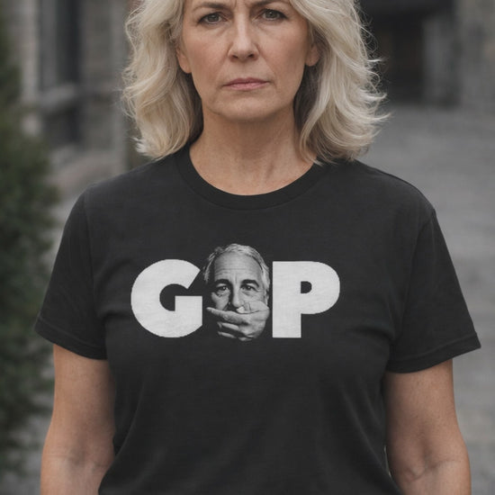 GOP Silenced political satire protest tee worn by model black t-shirt outdoor