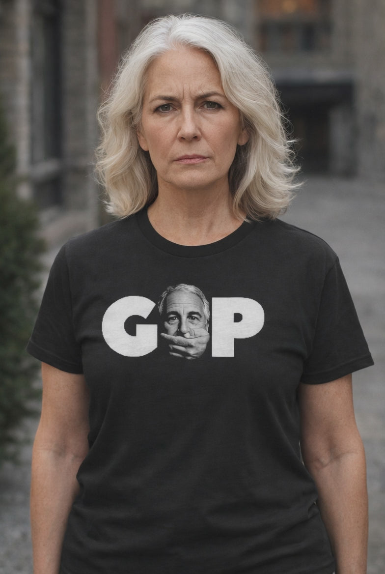 GOP Silenced political satire protest tee worn by model black t-shirt outdoor
