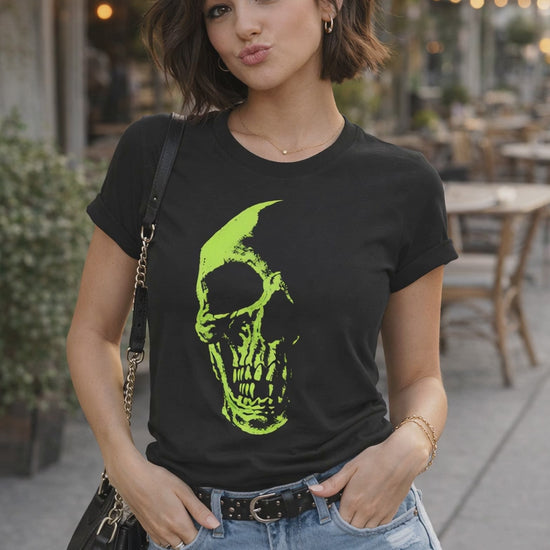Neon Reaper toxic green skull grim reaper black graphic t-shirt front view