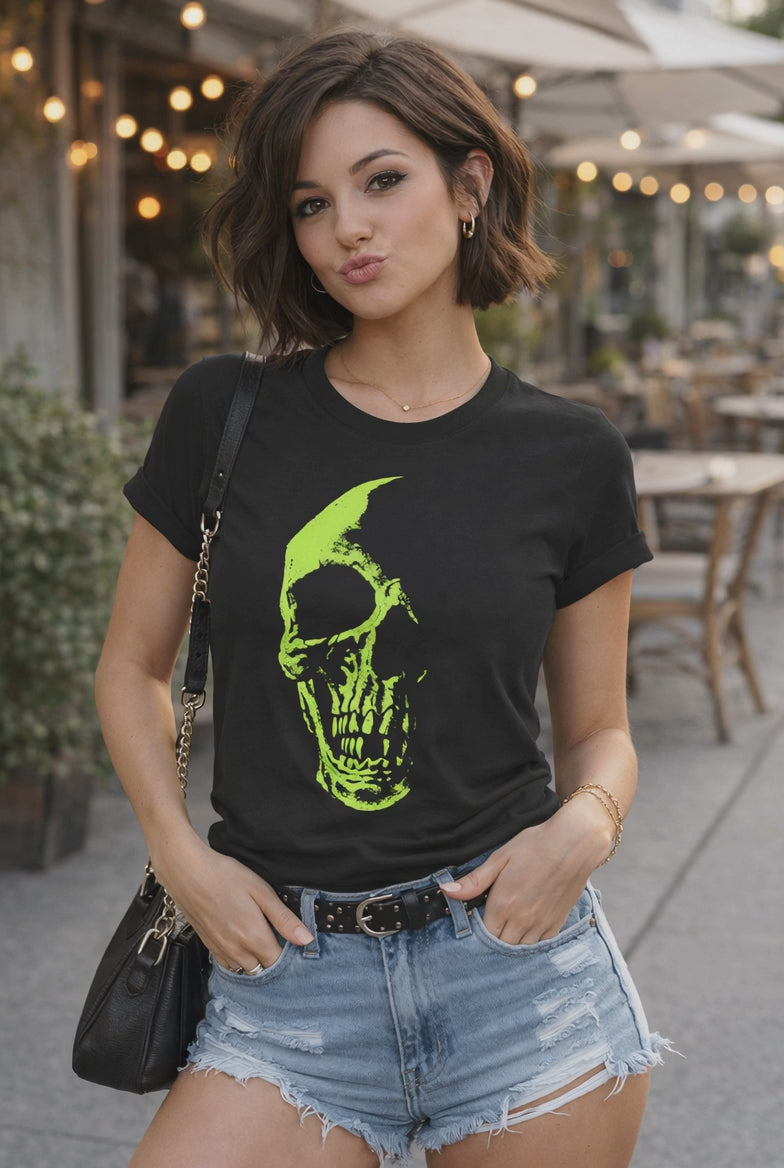 Neon Reaper toxic green skull grim reaper black graphic t-shirt front view