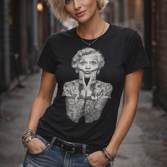 Ink Awe Granny tattooed sleeves mock shock humor black graphic t-shirt front view