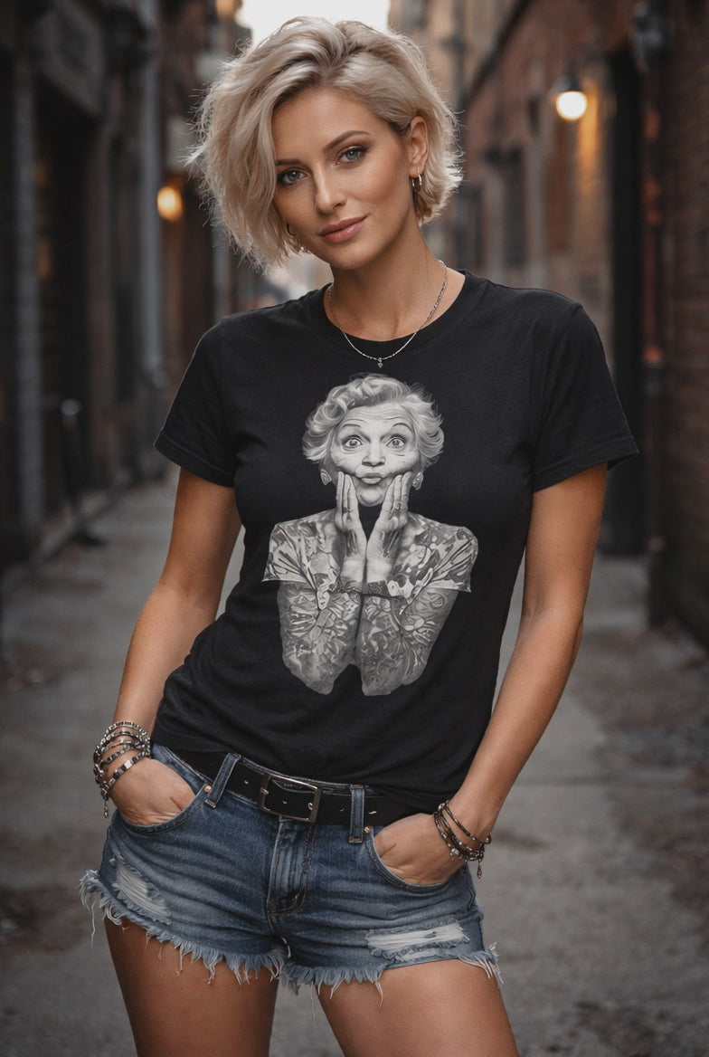 Ink Awe Granny tattooed sleeves mock shock humor black graphic t-shirt front view
