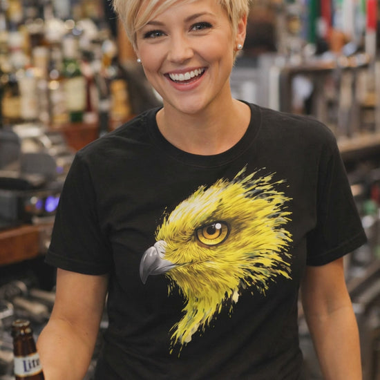 Golden eagle hawk eye portrait tee worn by model black graphic t-shirt