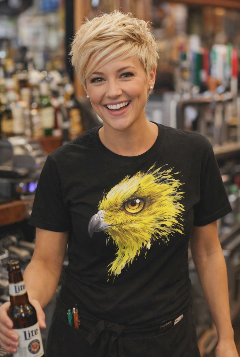 Golden eagle hawk eye portrait tee worn by model black graphic t-shirt