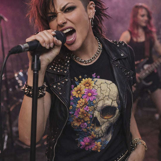 Death in Bloom floral skull tee worn by punk female vocalist on concert stage black t-shirt