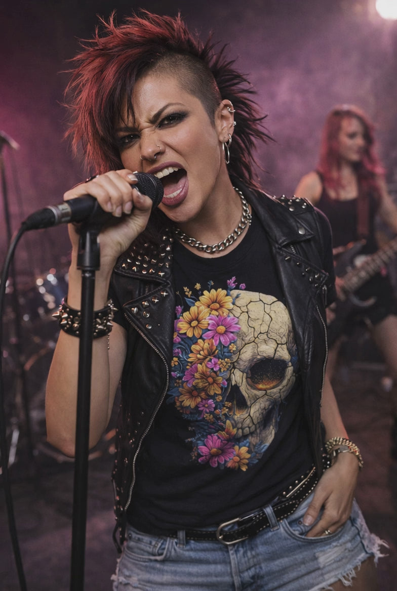 Death in Bloom floral skull tee worn by punk female vocalist on concert stage black t-shirt