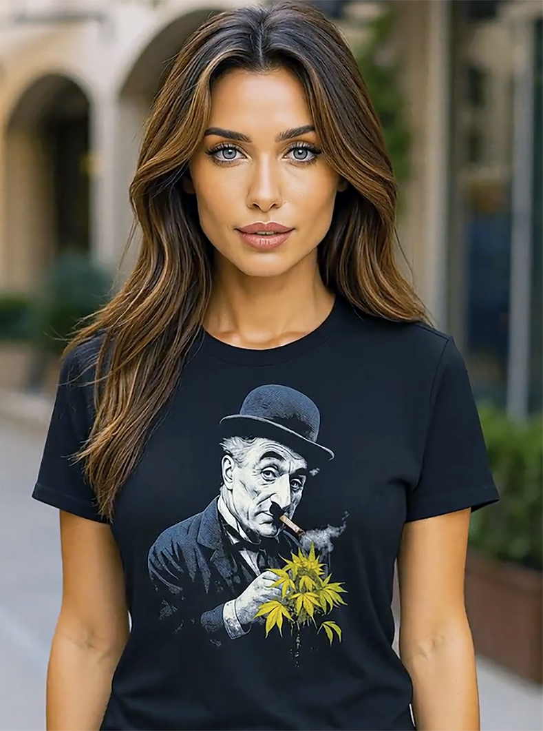 Prohibition Pot Charlie Chaplin cannabis parody tee worn by female model upscale outdoor setting architectural background black t-shirt