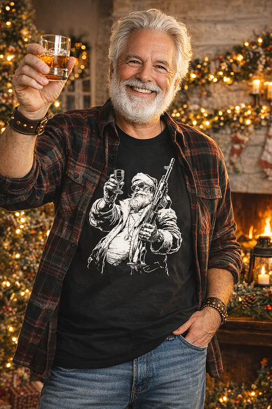 Redneck Santa funny Christmas gun Santa graphic tee worn by silver-haired male model in flannel shirt raising whiskey glass at holiday fireplace black t-shirt
