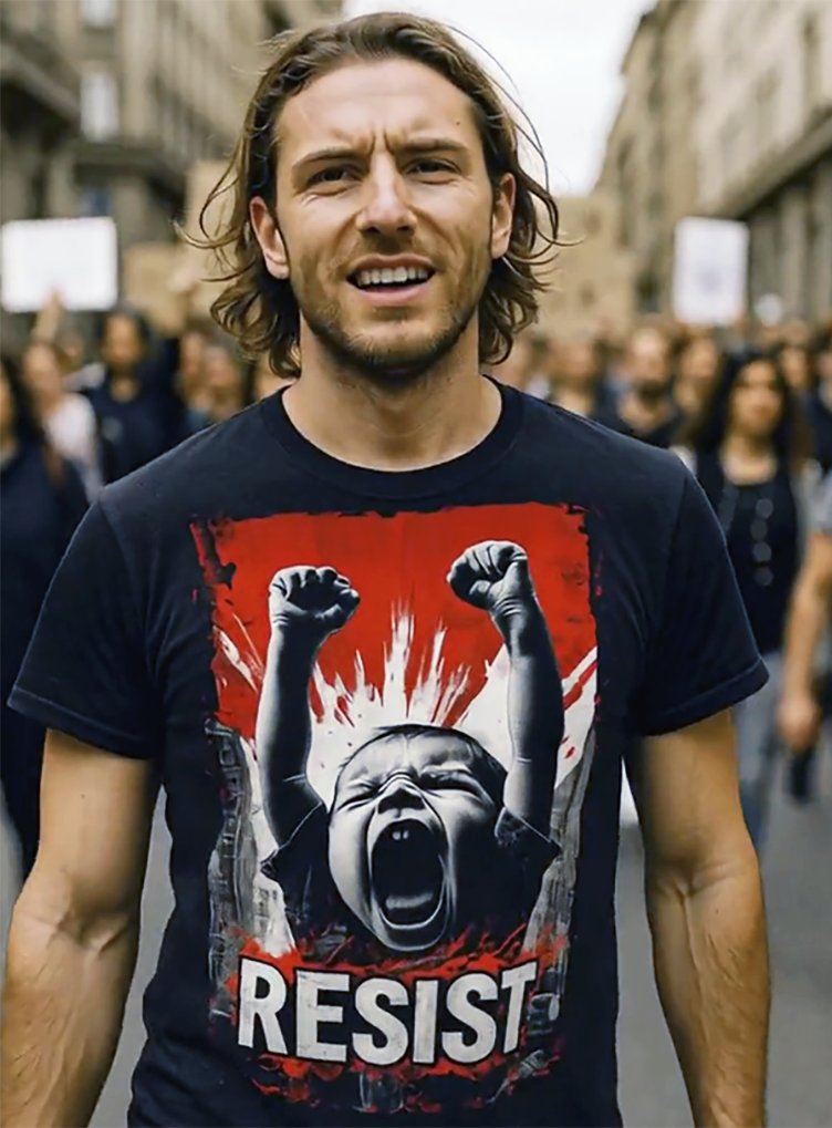 Resist Baby protest graphic tee worn by male model marching at street protest crowd with signs black t-shirt