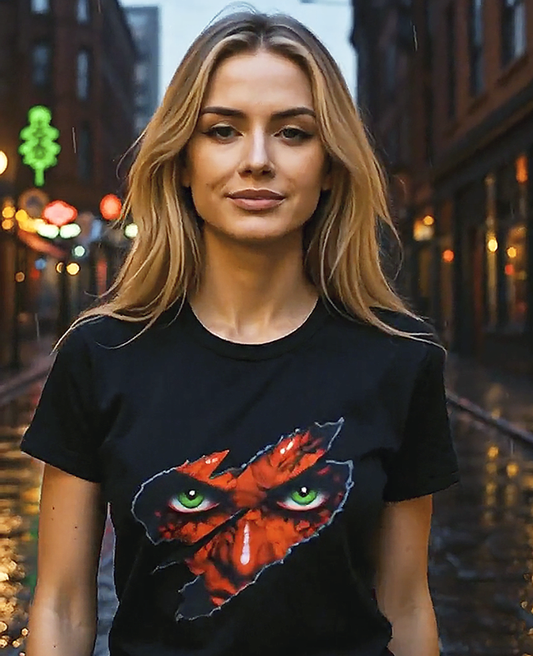 Ripped Reality green eyes horror dark art graphic tee worn by blonde female model on rain-slicked neon city street night black t-shirt