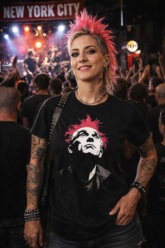 Scarlet Uprising punk mohawk stencil graphic tee worn by female punk model with pink mohawk at NYC live show black t-shirt