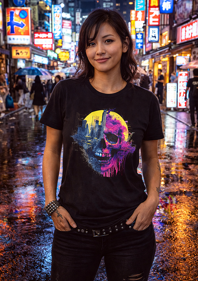 Skullscape cyberpunk skull cityscape graphic tee worn by female model on rain-slicked Tokyo neon street at night black t-shirt