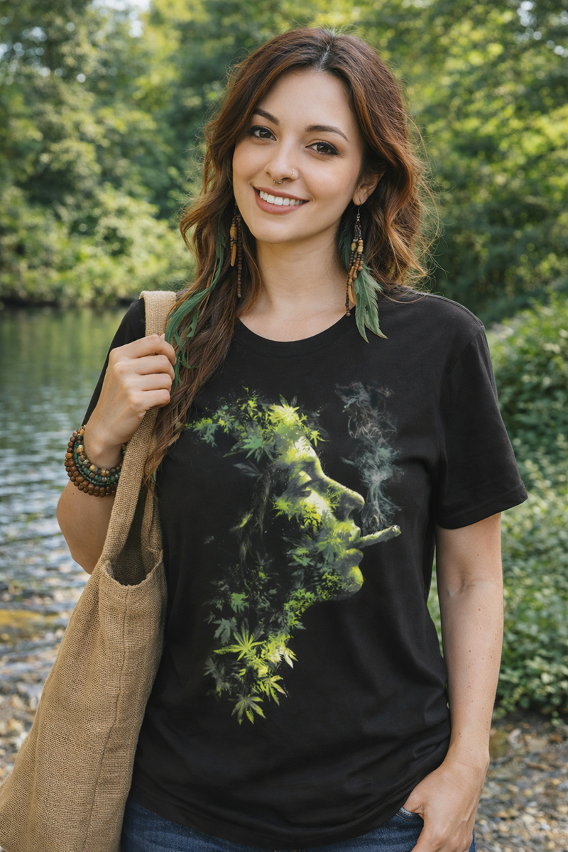 Sweet Leaf cannabis portrait smoke art tee worn by bohemian female model with feather earrings by river green trees black t-shirt