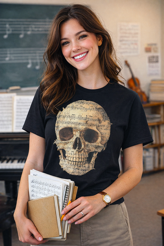 Symphony of Bones music skull sheet music graphic tee worn by female music teacher in classroom with chalkboard piano violin black t-shirt