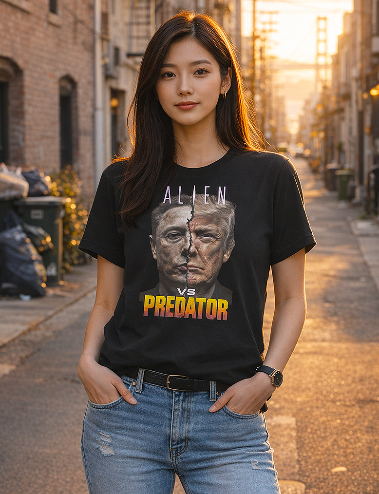 Trump Musk Alien vs Predator political satire split portrait tee worn by female model in urban alley golden hour black t-shirt