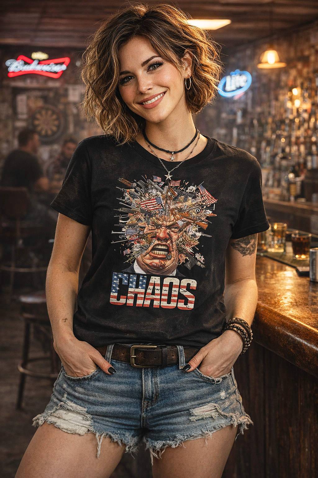 Trumpageddon Trump chaos caricature CHAOS flag lettering political satire graphic tee worn by female model at dive bar black t-shirt