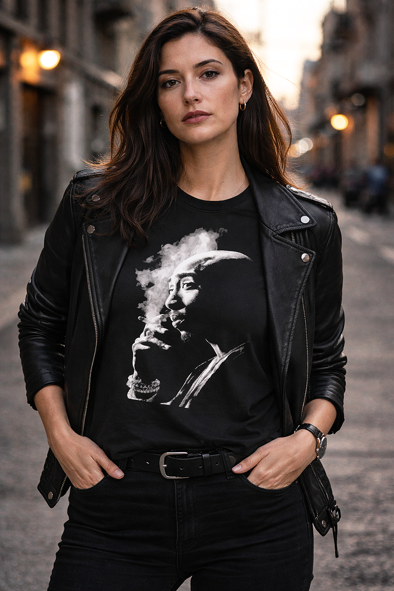 Tupac Smoke Signals hip hop legend portrait tee worn by female model in black leather jacket cobblestone street golden hour black t-shirt