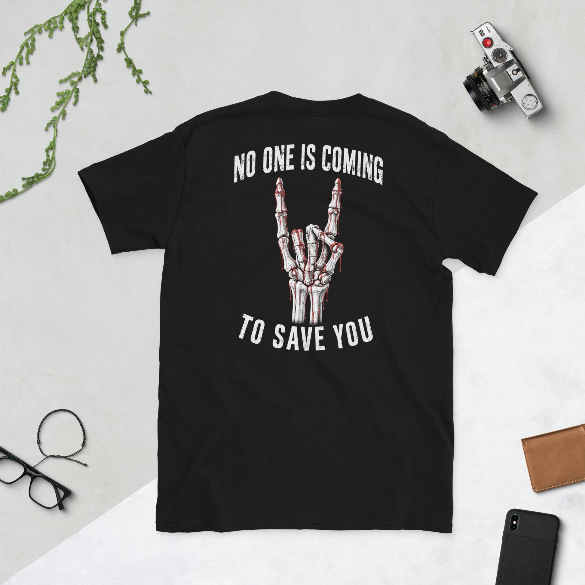 No one is coming to save you shirt bloody skeleton hand devil horns back print distressed arched text black tee dark humor horror design