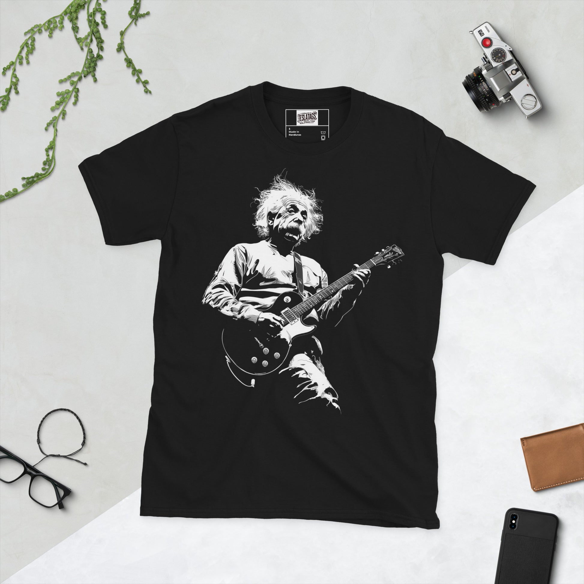 Albert Einstein Relatively Rockin' electric guitar black and white parody black graphic t-shirt front view