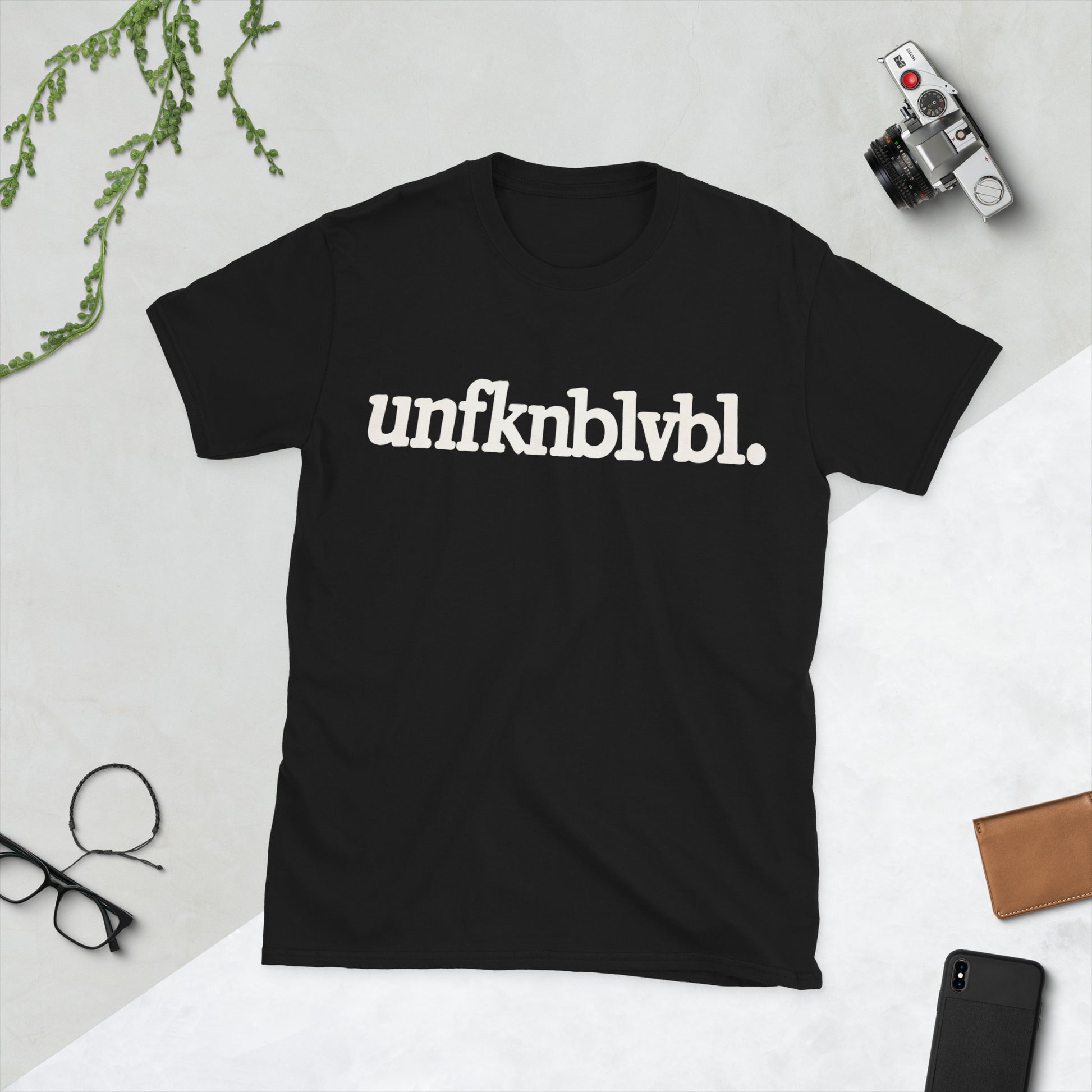 Unfknblvbl bold slang typography minimalist black graphic t-shirt front view