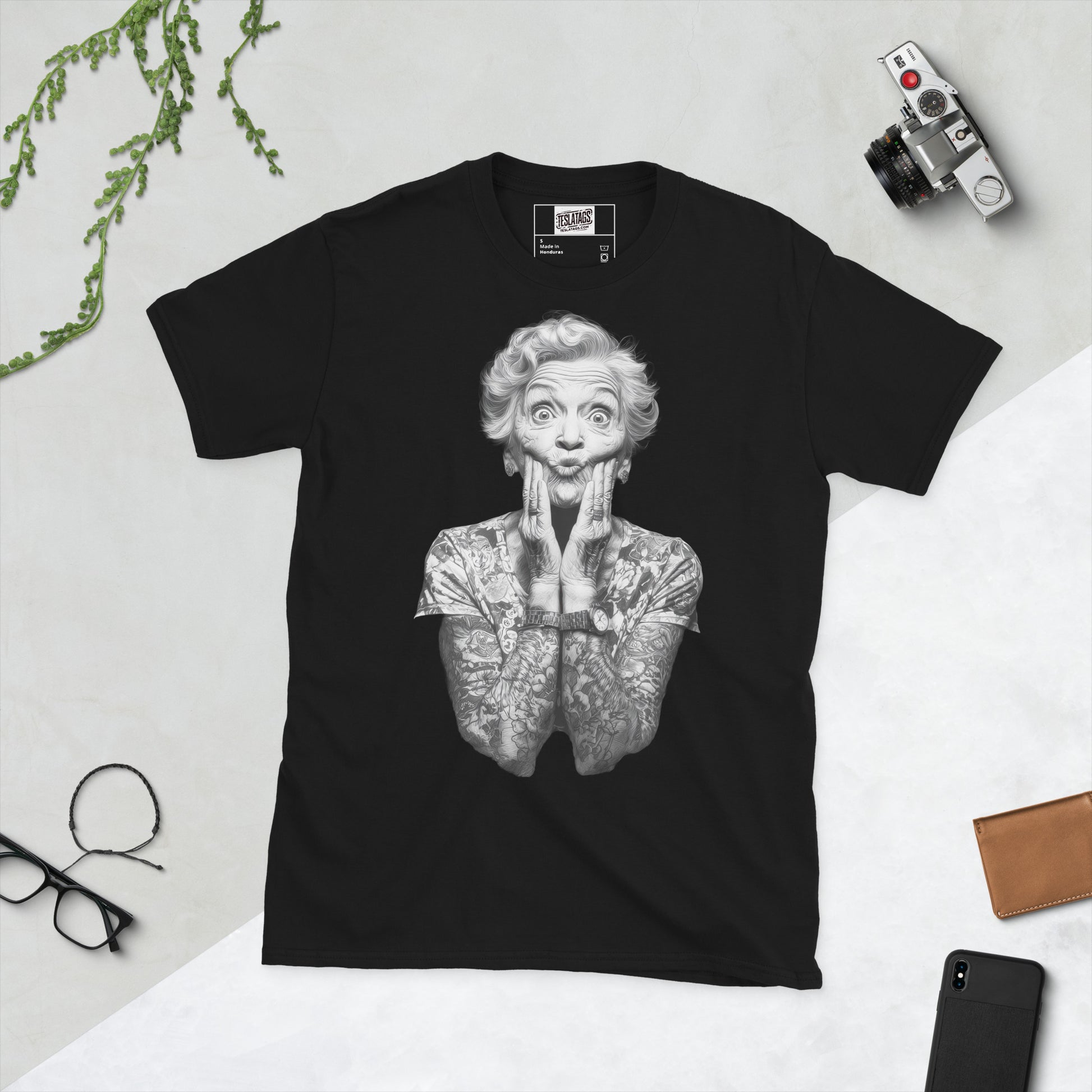 Ink Awe Granny tattooed sleeves mock shock humor black graphic t-shirt front view