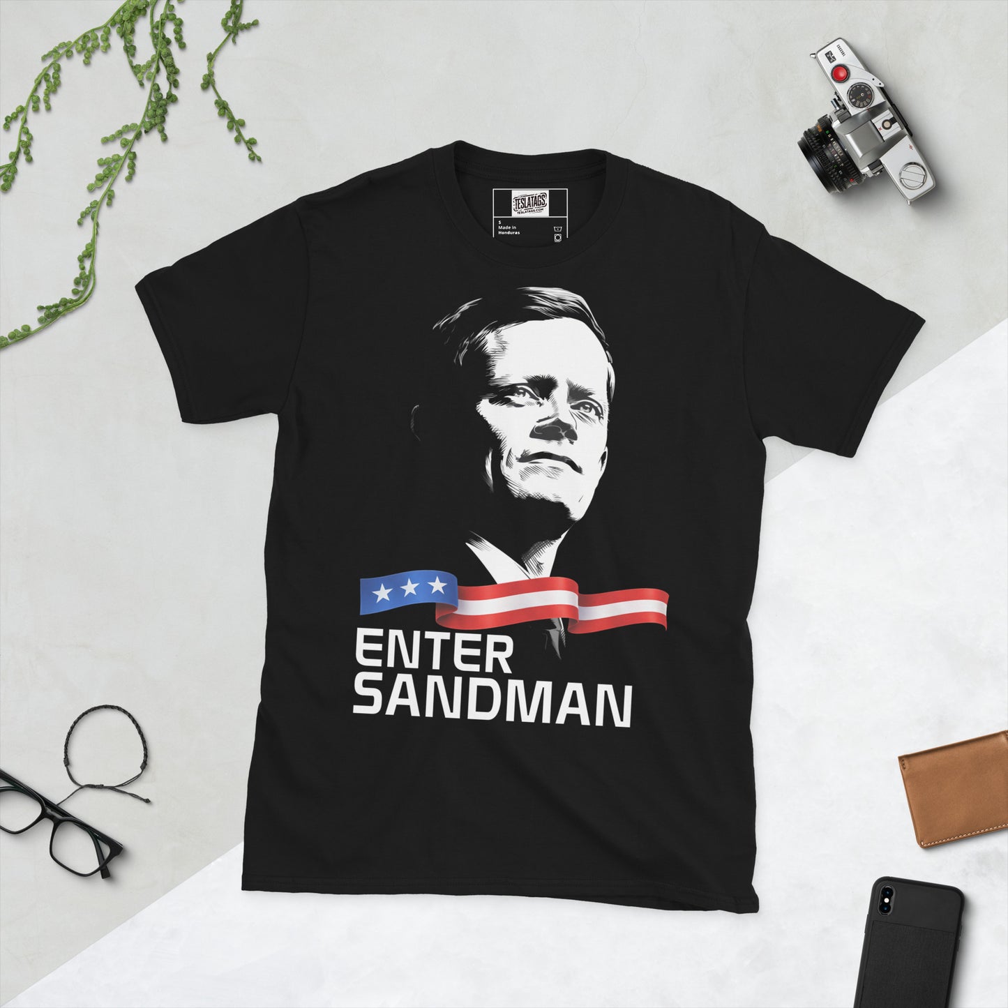 Rob Sand Iowa Governor Enter Sandman portrait American flag black graphic t-shirt front view