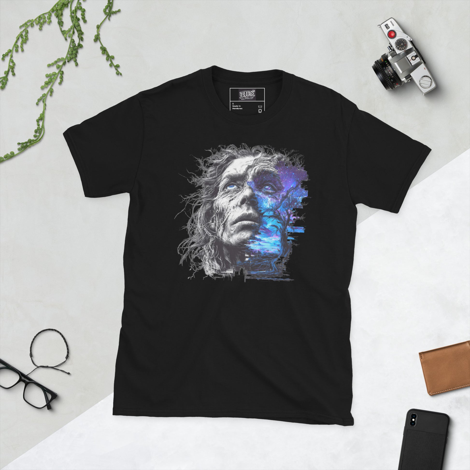 Roots of the Infinite cosmic blue purple double exposure portrait black graphic t-shirt front view