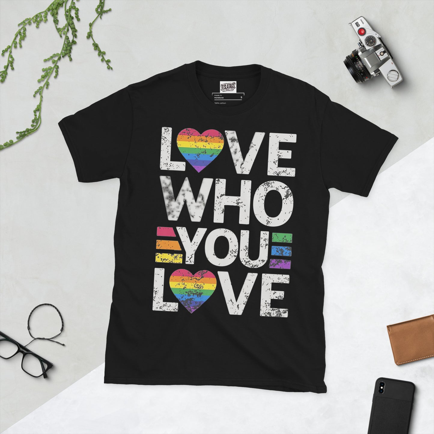 Love Who You Love rainbow distressed lettering LGBT Pride graphic t-shirt front view blac